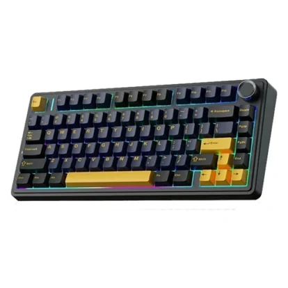 Compact mechanical keyboard with rainbow RGB backlighting and a yellow accent spacebar, angled on a white background.