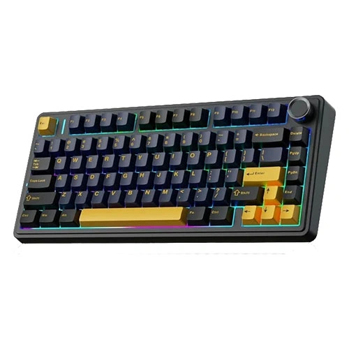 Aula f75 wireless tri mode rgb 75 percent mechanical gaming thunder black keyboard with graywood switch Compact mechanical keyboard with rainbow rgb backlighting and a yellow accent spacebar, angled on a white background.