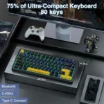 Compact 75% keyboard (80 keys) on display with dimensions 14. 3 cm by 29 cm shown on the image. Rainbow backlit keys are visible.