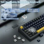 Hot-swappable mechanical keyboard with highlighted specs: 45g actuation, 3. 6mm key travel, 4000 mah battery, and 70 million keystrokes.