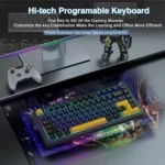 Advertisement banner for a hi-tech programmable keyboard with rgb lighting in a gaming setup, neon glow surrounding the keyboard.