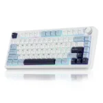White compact keyboard with pastel blue and purple keycaps and subtle rgb backlighting on a reflective surface.