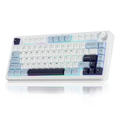 White compact keyboard with pastel blue and purple keycaps and subtle RGB backlighting on a reflective surface.