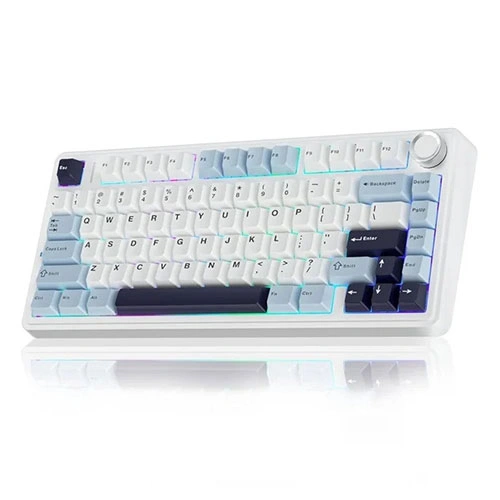 Aula f75 wireless tri mode rgb 75 percent mechanical gaming white and blue keyboard with ice vein switch White compact keyboard with pastel blue and purple keycaps and subtle rgb backlighting on a reflective surface.
