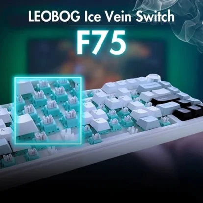 Close-up of a mechanical keyboard with turquoise Ice Vein switches highlighted in a cyan box, showcasing the F75 model.