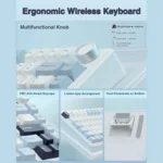 Ergonomic wireless keyboard infographic highlighting a multifunctional knob and brightness/volume controls for easy access about keyboard design features