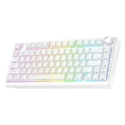 White compact keyboard with rainbow RGB backlighting and a circular dial in the top-right corner.
