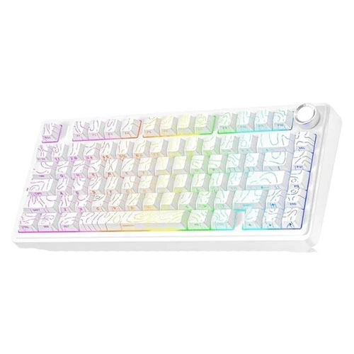 Aula f75 wireless tri mode rgb 75 percent mechanical white gaming keyboard with star vector switch White compact keyboard with rainbow rgb backlighting and a circular dial in the top-right corner.