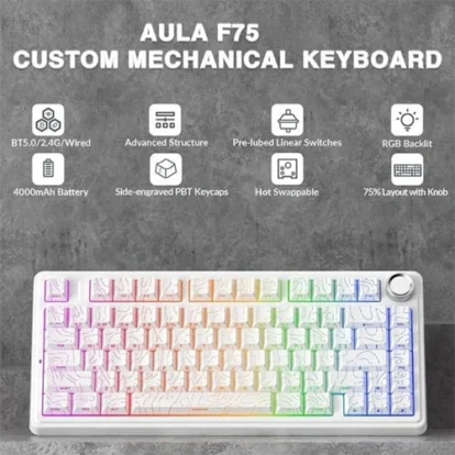AULA F75 custom mechanical keyboard with rainbow RGB lighting and a top-right control knob on a gray backdrop.