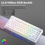 White white keyboard with rainbow rgb backlighting resting on a purple surface; text overlay promotes 16. 8 million rgb backlit and lighting effects