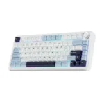 Compact white mechanical keyboard with pastel blue and purple keycaps, angled view, featuring a large dial on the top-right corner.