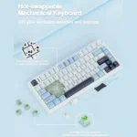 White hot-swappable mechanical keyboard with blue keycaps, shown with switch and keycap components for a diy kit.