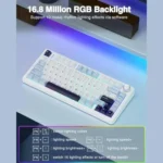 White mechanical keyboard with multicolored rgb backlight on a desk; bottom legend explains key combinations for lighting modes.