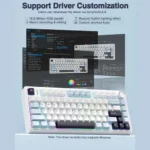 Poster titled 'support driver customization' showing a multi-keyboard setup and screenshots of branding software, highlighting windows-only driver customization features.