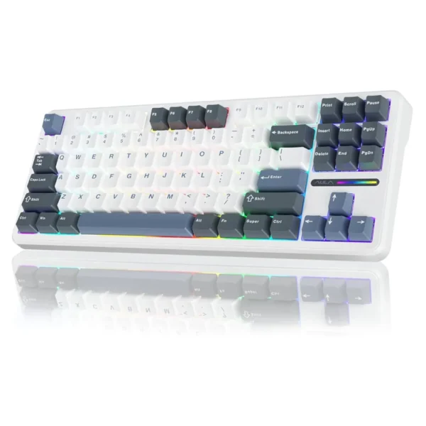 Aula f87 75% wireless mechanical gaming keyboard ( smoke blue ) ( graywood switch ) ( f87uw ) White full-size mechanical keyboard with rgb backlighting, angled view showing numeric keypad and colorful underglow