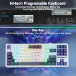 Promotional image of a rainbow-lit, programmable keyboard on a blue background with headlines about customization and efficiency.