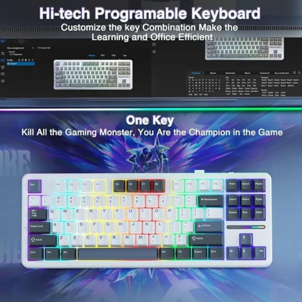 Aula f87 75% wireless mechanical gaming keyboard ( smoke blue ) ( graywood switch ) ( f87uw ) Promotional image of a rainbow-lit, programmable keyboard on a blue background with headlines about customization and efficiency.