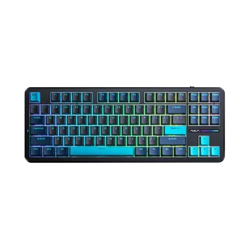 Aula f87 wireless tri mode rgb mechanical gaming blue and cyan keyboard with graywood v4 switch Rgb backlit compact full-size keyboard with blue–green gradient lighting across the keys and a black frame.