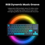 Keyboard with multicolor rgb backlighting, encircled by a glowing rainbow ring; title reads 'rgb dynamic music groove'.