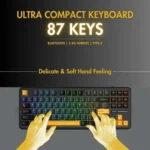 Poster advertising an ultra-compact 87-key keyboard with rainbow backlighting and hands typing on it
