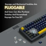 Promotional banner showing a mechanical keyboard with exposed switches and scattered keycaps on a gray surface, highlighting customization options.