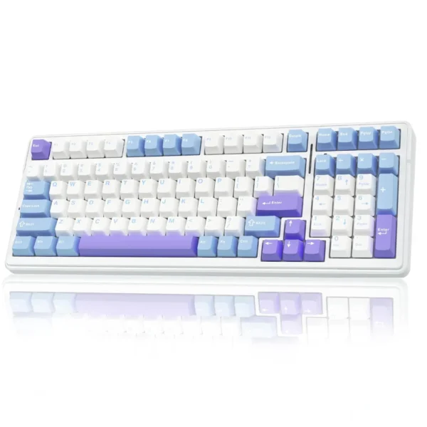 Aula f99 96% wireless mechanical gaming keyboard ( graywood switch ) ( white / blue ) ( f99uww ) Colorful mechanical keyboard with white body and blue/purple keycaps, shown at an angle with a mirrored surface reflection.
