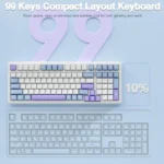 Top-down view of a pastel blue/purple 99-key compact keyboard with a 10% label on the side and the title '99 keys compact layout keyboard' above it.