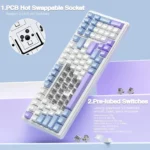 Promotional image of a diagonal mechanical keyboard with pastel blue and purple keycaps, highlighting 1) pcb hot-swappable sockets and 2) pre-lubed leobog greywood v3 switches.
