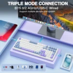 Pastel keyboard on a lavender stand showcasing bluetooth 5. 0, 2. 4 ghz, and usb-c wired modes for multiple devices (monitor, tablet, and phone nearby).