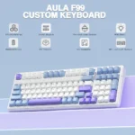 Pastel aula f99 custom keyboard on a lavender stand, highlighting wireless, gasket structure, hot-swappable switches and rgb backlight (96% layout).