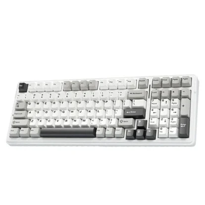 White computer keyboard with gray keys and a numeric keypad on a white surface, showing a retro-style layout on the keys.