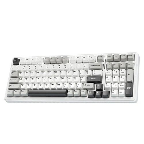 Aula f99 tri mode rgb mechanical gaming grey white keyboard with graywood switches White computer keyboard with gray keys and a numeric keypad on a white surface, showing a retro-style layout on the keys.