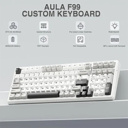 AULA F99 custom keyboard on a light desk, highlighting wireless BT/2.4G, gasket structure, hot-swappable switches, RGB backlight, 8000mAh battery, PBT keycaps, and 96% layout with numpad.