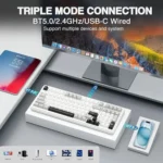 Triple-mode keyboard shown with a monitor, smartphone, and tablet, illustrating bt5. 0/2. 4ghz/usb-c wired connectivity for multiple devices