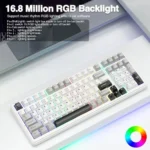 White keyboard with multicolor rgb backlighting; promotional graphic showing '16. 8 million rgb backlight' and a color wheel icon in the corner.