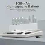 Infographic showing an 8000mah high-capacity battery with a keyboard, and battery life notes: about 53 hours with backlight on, about 400 hours with backlight off.