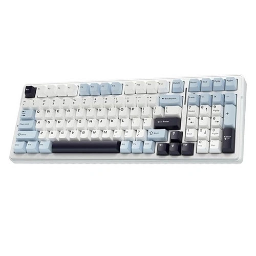 Aula f99 tri mode rgb mechanical gaming ice blue keyboard with reaper switches White mechanical keyboard with light blue and gray keycaps, showing full qwerty layout and numeric keypad.
