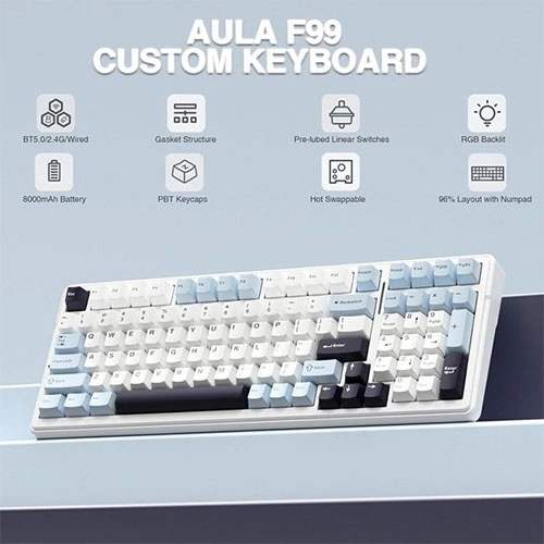 Aula f99 tri mode rgb mechanical gaming ice blue keyboard with reaper switches Aula f99 custom keyboard on a pale desk, highlighting features: bt5. 0/2. 4g wireless, gasket structure, pre-lubed linear switches, rgb backlight, 8000mah battery, pbt keycaps, hot-swappable, 96% layout with numpad.