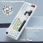 Infographic of a white mechanical keyboard highlighting hot-swappable pcb sockets and pre-lubed switches. Close-up circle shows socket detail toward the left.