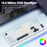 White keyboard with rainbow rgb backlighting on a pale surface, with a color wheel graphic in the corner.