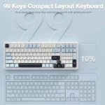 Top view of a blue-and-white 99-key compact keyboard on a light blue background, with a faint outline and a '10%' label indicating reduced size.