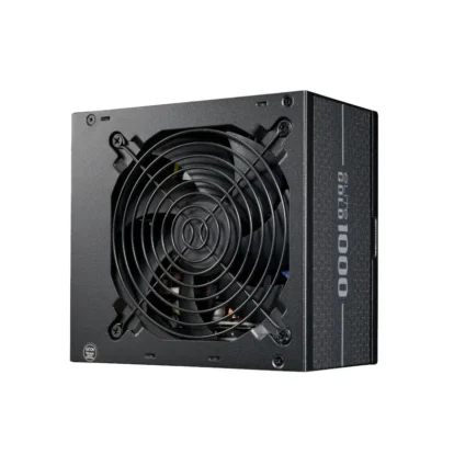 Cooler master elite gold 1000 80 plus gold 1000w atx 3. 1 fully modular power supply - black Atx computer power supply with large front-facing cooling fan and protective grille, black steel case, side label reads 800w (unit shown from angled view)