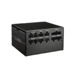 Modular 1000w gold-rated pc power supply with labeled sata, cpu, and motherboard connectors in a black pc case unit.