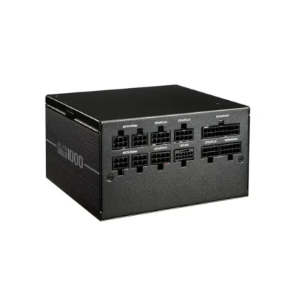 Modular 1000w gold-rated pc power supply with labeled sata, cpu, and motherboard connectors in a black pc case unit.