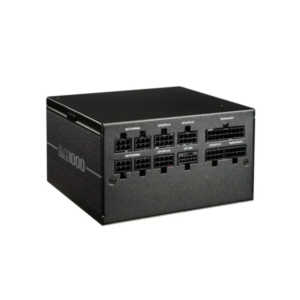 Modular 1000w gold-rated pc power supply with labeled sata, cpu, and motherboard connectors in a black pc case unit.