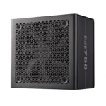 Black computer power supply unit with a hexagonal vent grille and a side-model label visible on the right edge.