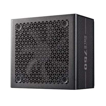 Cooler master elite gold 750 80 plus gold 750w atx 3. 1 fully modular power supply - black Black computer power supply unit with a hexagonal vent grille and a side-model label visible on the right edge.