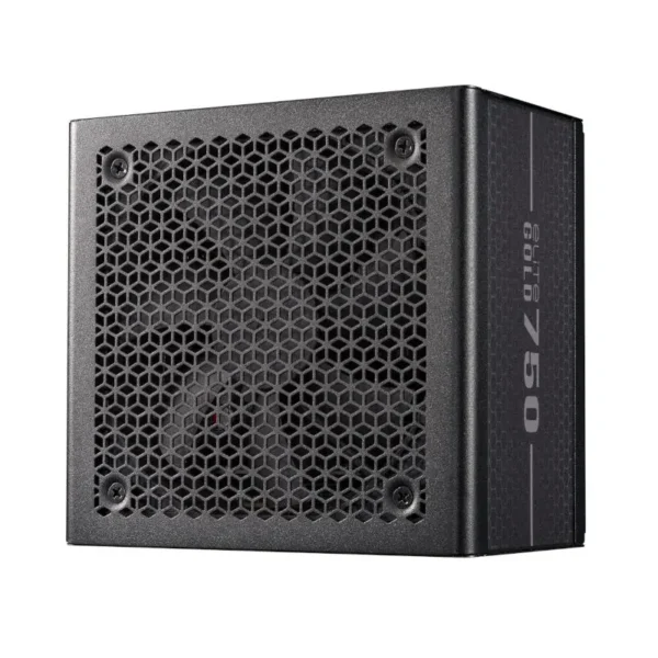 Cooler master elite gold 750 80 plus gold 750w atx 3. 1 fully modular power supply - black Black computer power supply unit with a hexagonal vent grille and a side-model label visible on the right edge.
