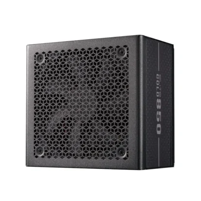 Cooler master elite gold 850 80 plus gold 850w atx 3. 1 fully modular power supply - black Black pc power supply with a hexagonal mesh vent on the front and side branding visible on the case edge.