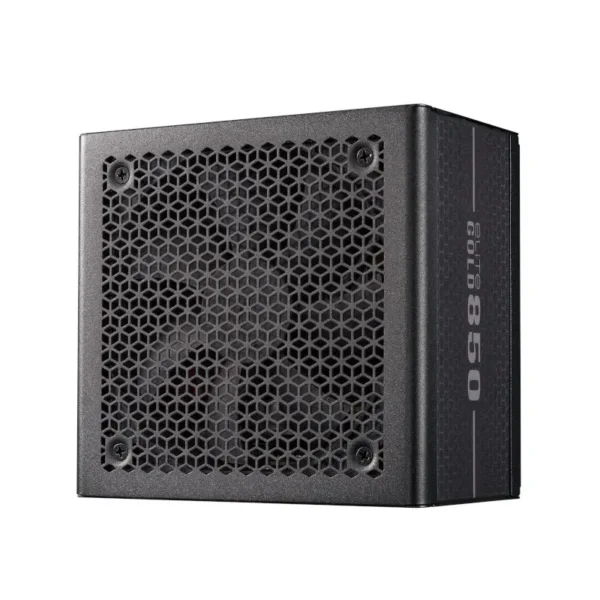 Cooler master elite gold 850 80 plus gold 850w atx 3. 1 fully modular power supply - black Black pc power supply with a hexagonal mesh vent on the front and side branding visible on the case edge.